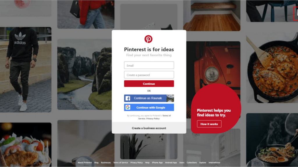 Pinterest website log in