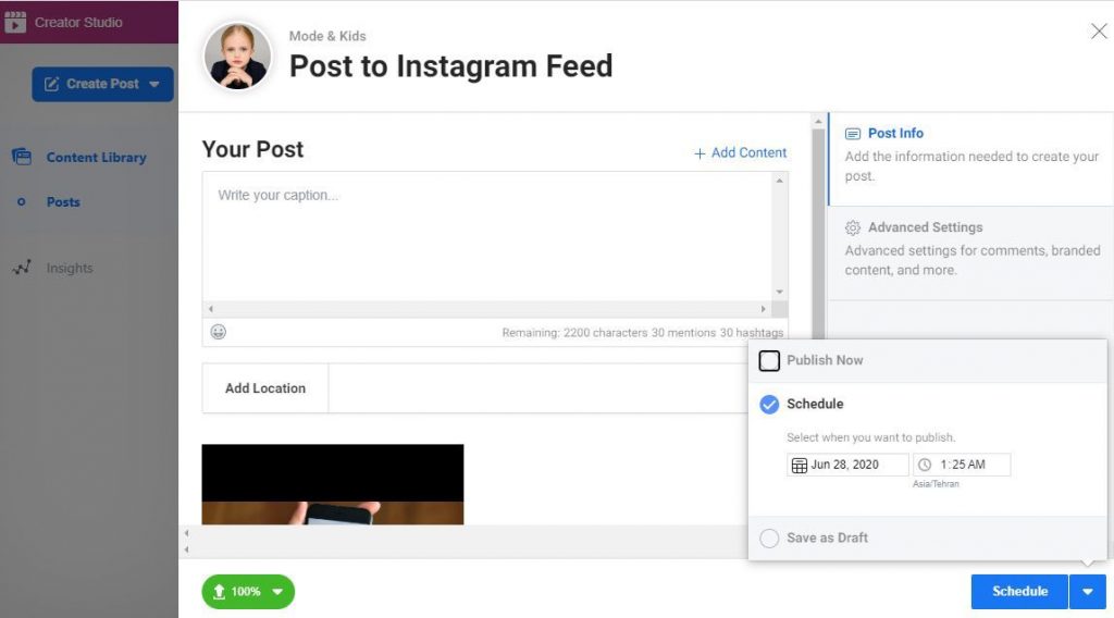 schedule Instagram posts on the creator studio