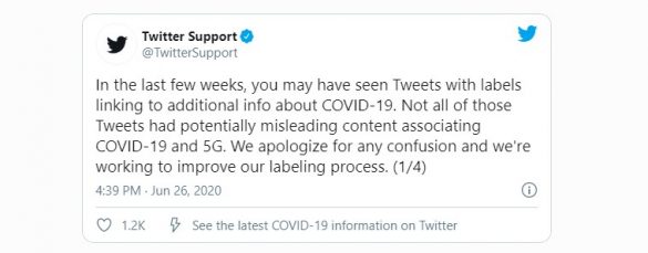 Twitter promises to correct its 5G coronavirus labeling | InoSocial