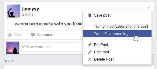 turn off facebook auto comment update