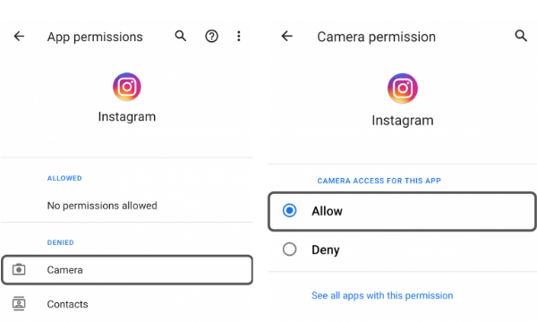 how to enable camera access on instagram